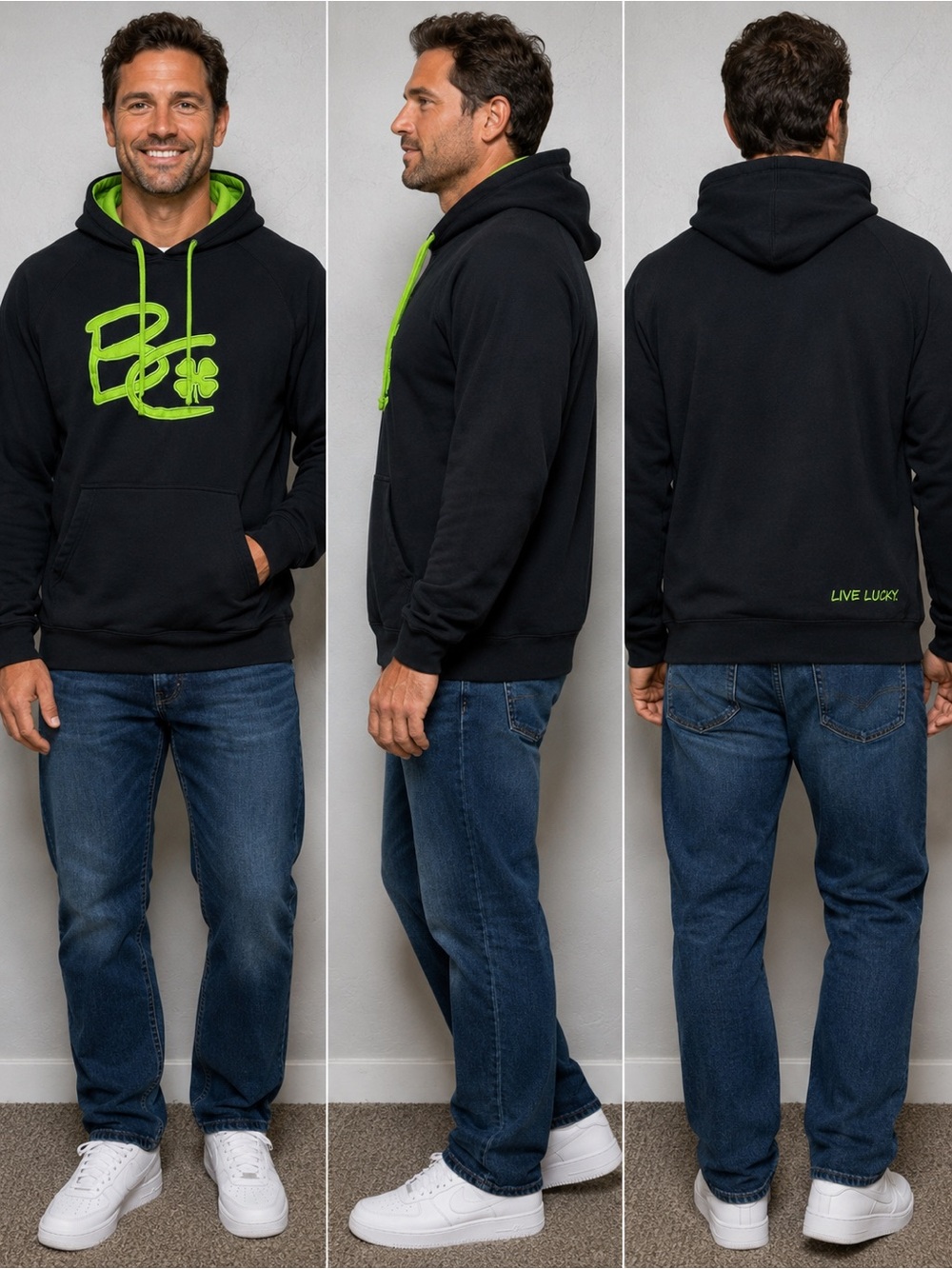 Black Clover Men’s XL Black Hoodie Neon Green Logo Shamrock Live Lucky